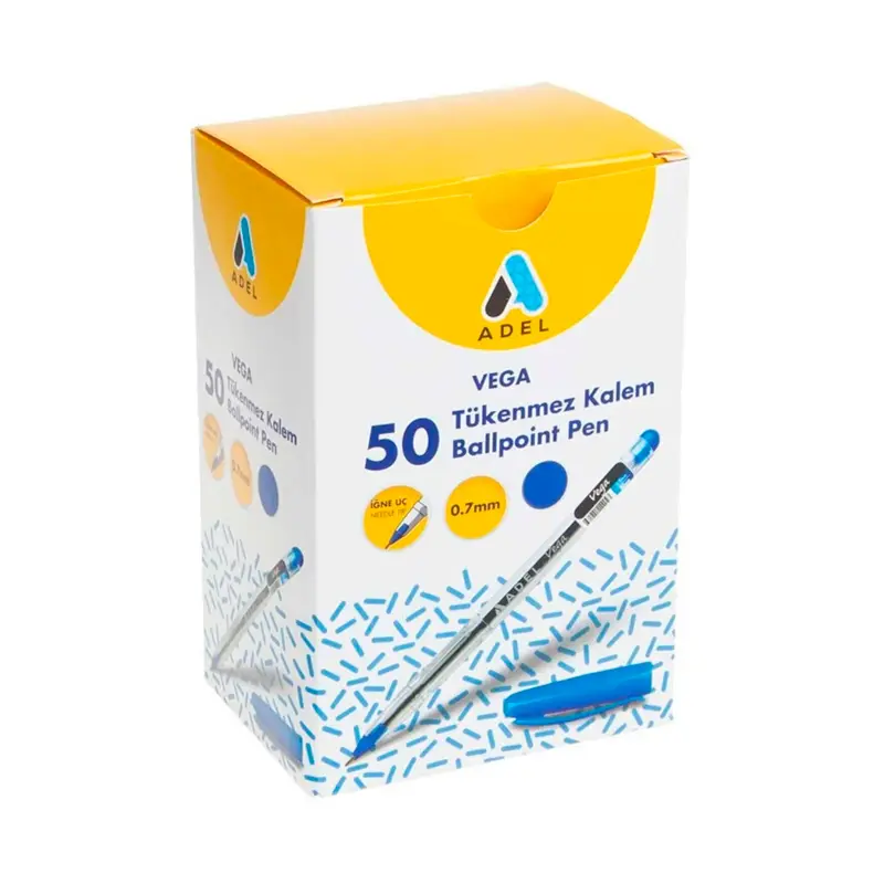 Adel Vega İğne Uçlu Tükenmez Kalem 0.7mm Mavi 50 Li Kutu