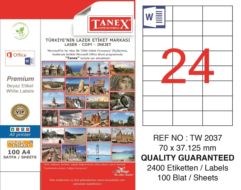 Tanex TW-2037 70x37.125 mm Lazer Etiket 100 Lü Paket