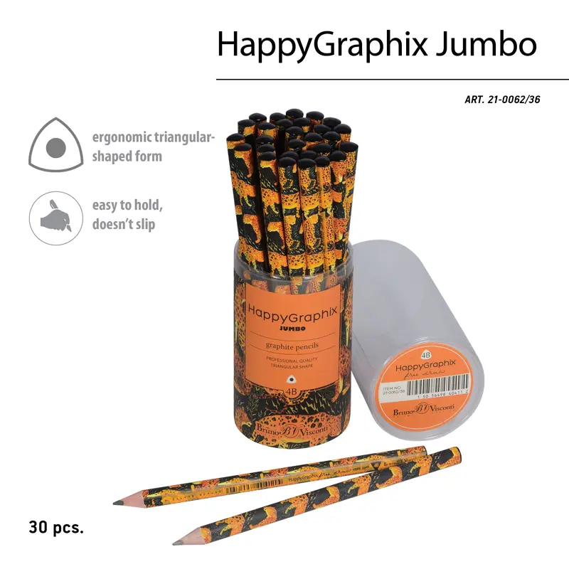 Bruno Visconti HappyGraphix Leopar Desen Üçgen Gövde Jumbo Kurşun Kalem 3.5mm 4B 30 Lu Paket