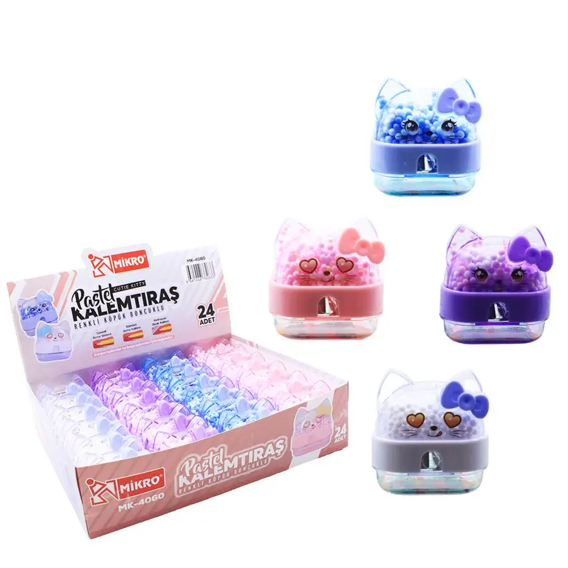Mikro MK-4060 Renkli Köpük Boncuklu Cutie Kitty Pastel Kalemtraş x 24 Lü Paket
