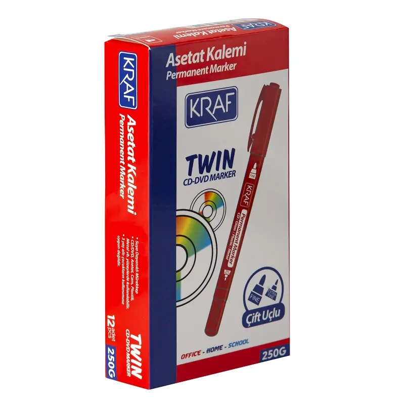 Kraf 250G Twin Çift Uçlu Cd & DVD Asetat Kalemi Kırmızı 12 Li Kutu