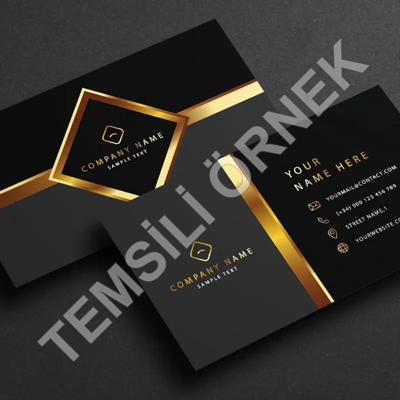 Kartvizit Baskı 350 Gr. Bristol Tek Yön Renkli Mat Selefonlu Altın Yaldızlı Arkası Tek Renk Siyah