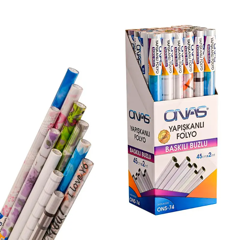 Onas ONS-74 Baskılı Buzlu Yapışkanlı Folyo 40cm x 2 Mt Karışık Renk 24 Lü Koli