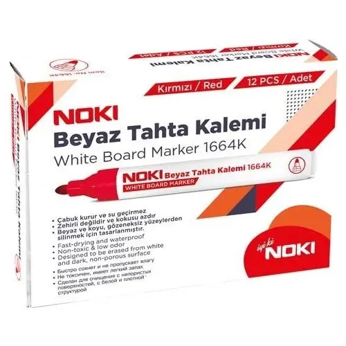 Noki 1664K Beyaz Tahta Kalemi Yuvarlak Uç 3 mm Kırmızı 12 Li Kutu