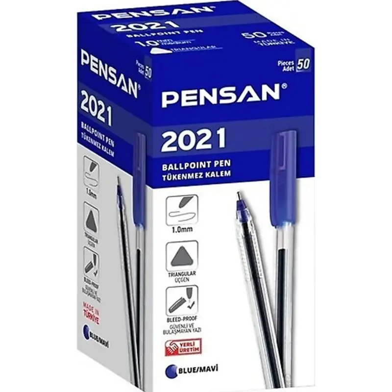 Pensan 2021 Şeffaf Üçgen Gövdeli Tükenmez Kalem Mavi 50 Li Kutu