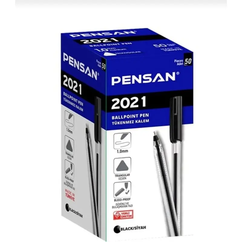 Pensan 2021 Şeffaf Üçgen Gövdeli Tükenmez Kalem Siyah 50 Li Kutu
