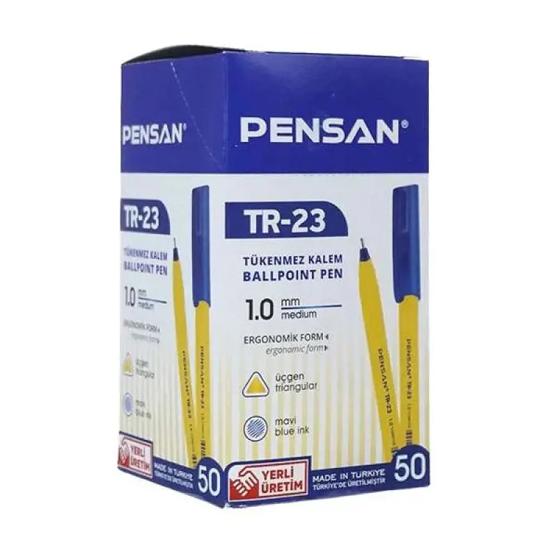 Pensan TR-23 Üçgen Gövde Tükenmez Kalem 1.0 mm Mavi 50 Li Kutu