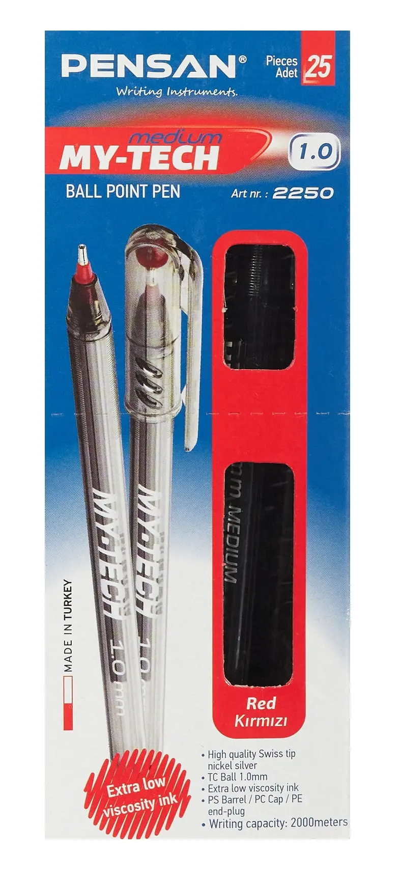 Pensan My-Tech 2250 Tükenmez Kalem 1.0 mm Kırmızı 25 Li Kutu