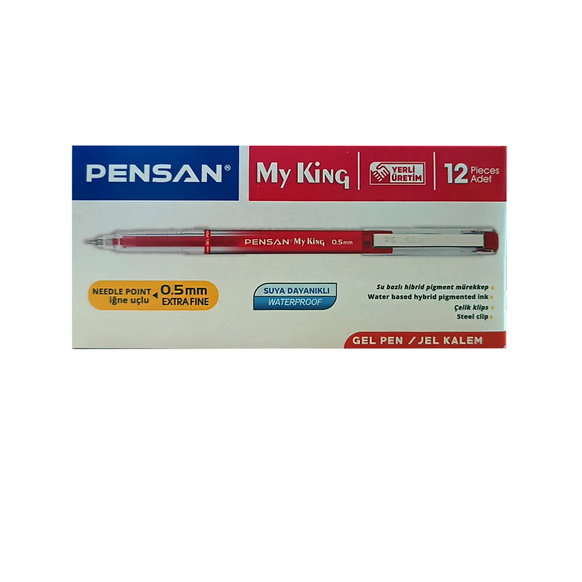 Pensan My-King 6405 İğne Uçlu Jel Kalem Metal Klipsli 0.5 mm Kırmızı 12 Li Kutu