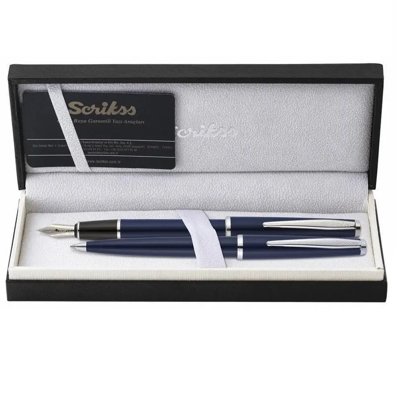 Scrikss 33 İkili Set Dolma Kalem + Tükenmez Kalem Vintage Lacivert