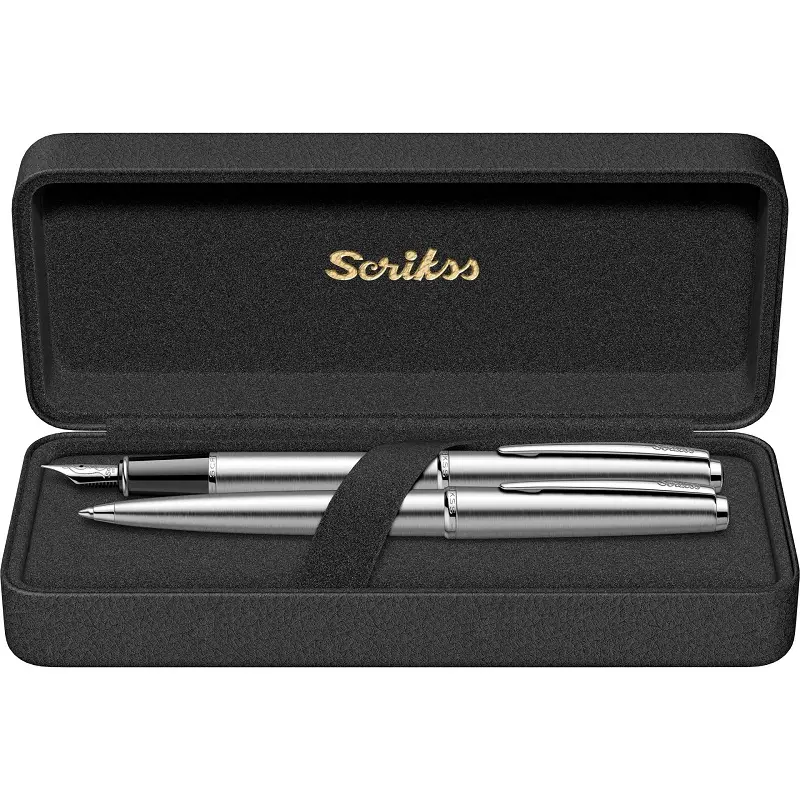 Scrikss 78M Metropolis İkili Set Dolma Kalem + Tükenmez Kalem Paslanmaz Çelik Gri