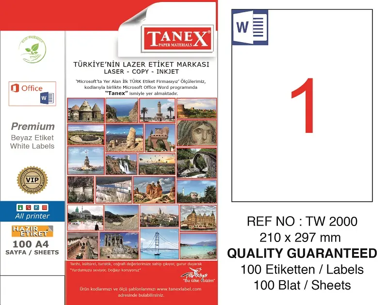 Tanex TW-2000 210x297 mm Lazer Etiket 100 Lü Paket