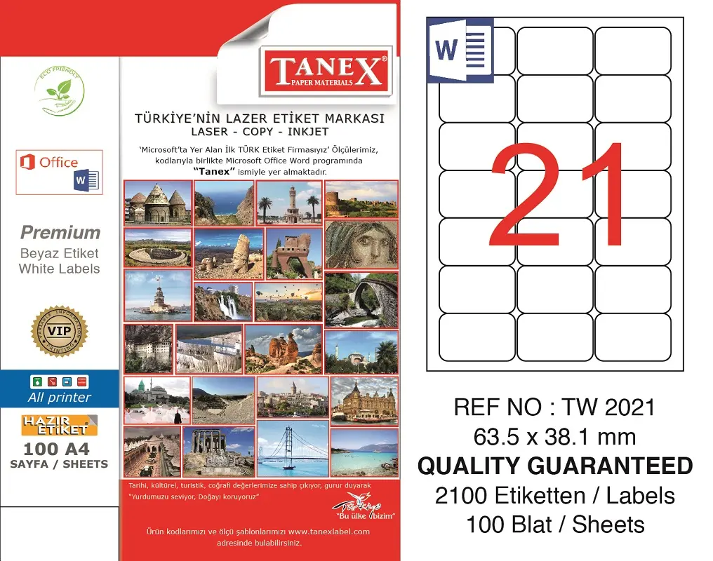 Tanex TW-2021 63.5x38.1 mm Lazer Etiket 100 Lü Paket