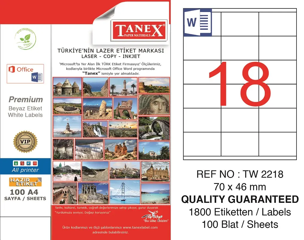 Tanex TW-2218 70x46 mm Lazer Etiket 100 Lü Paket