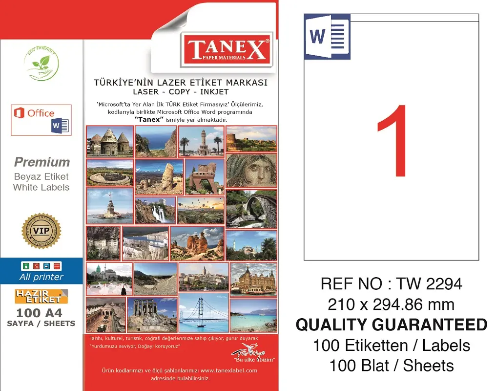 Tanex TW-2294 210x294.86 mm Lazer Etiket 100 Lü Paket