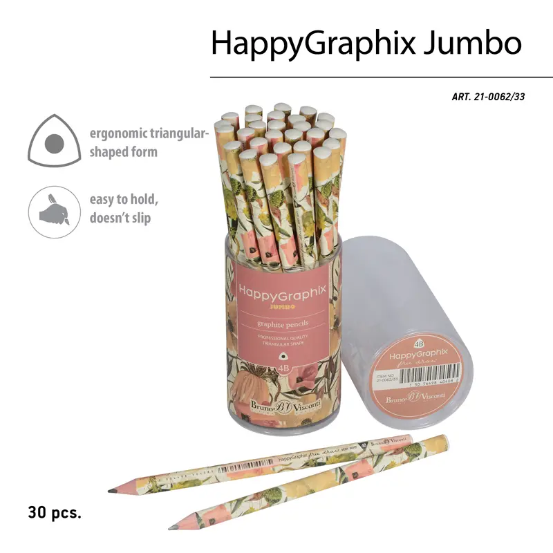 Bruno Visconti HappyGraphix Çiçekler Desen Üçgen Gövde Jumbo Kurşun Kalem 3.5mm 4B 30 Lu Paket