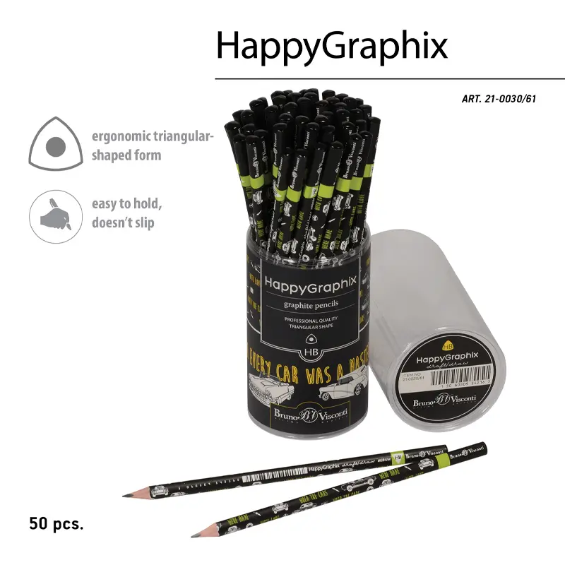 Bruno Visconti HappyGraphix When The Cars Desen Üçgen Gövde Kurşun Kalem HB 50 Li Paket
