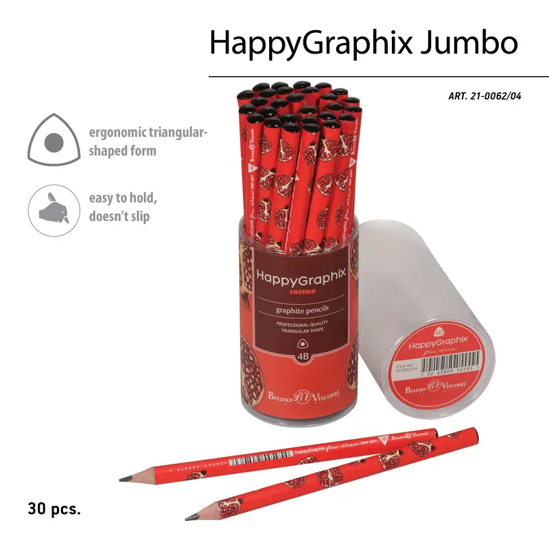 Bruno Visconti HappyGraphix Nar Desen Üçgen Gövde Jumbo Kurşun Kalem 3.5mm 4B 30 Lu Paket