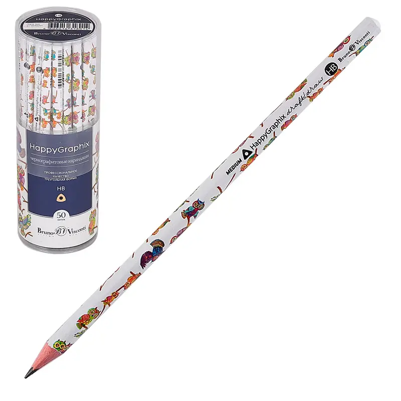 Bruno Visconti HappyGraphix Baykuş Desen Üçgen Gövde Kurşun Kalem HB 50 Li Paket