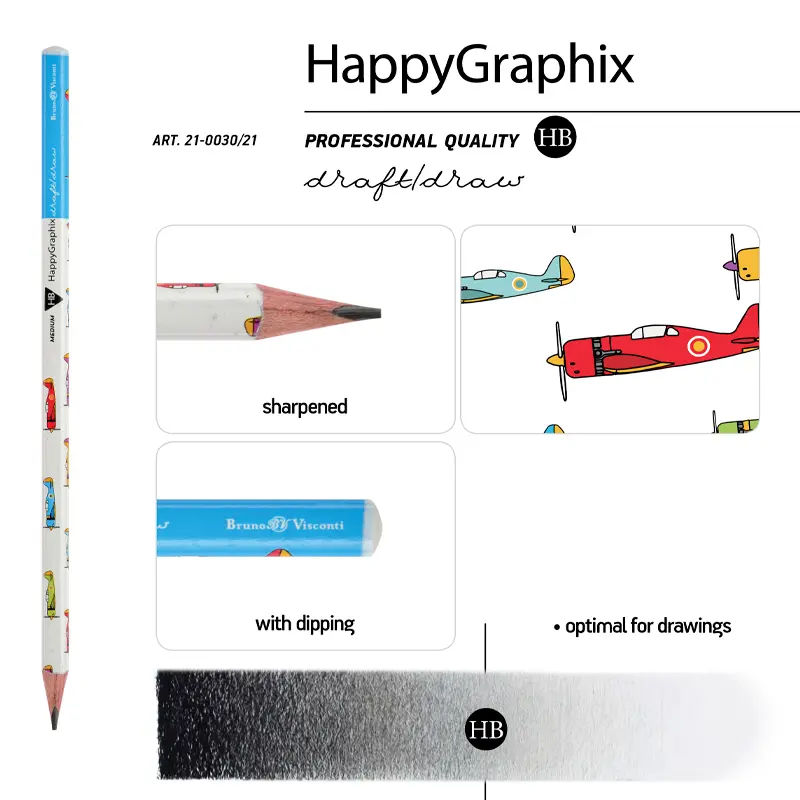 Bruno Visconti HappyGraphix Uçak Desen Üçgen Gövde Kurşun Kalem HB 50 Li Paket