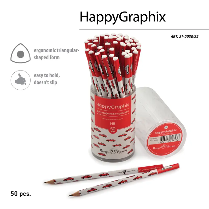 Bruno Visconti HappyGraphix Kırmızı Araba Desen Üçgen Gövde Kurşun Kalem HB 50 Li Paket